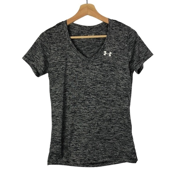 Under Armour Heather Black Heatgear Loose V-Neck Short Sleeve Athletic Top XS - Picture 1 of 4